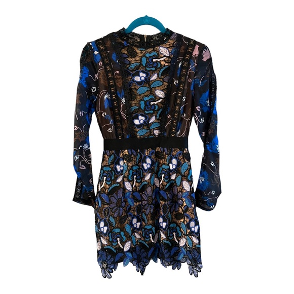 Self Portrait Maxine Floral Lace Mini Dress Long Sleeve Blue Black Aiden Size M - Picture 5 of 16